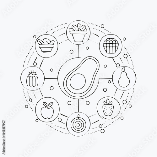 A clean outline style icon set of healthy food like salad, avocado, fruits, vegetables, nuts, and smoothie for diet and wellness themes
