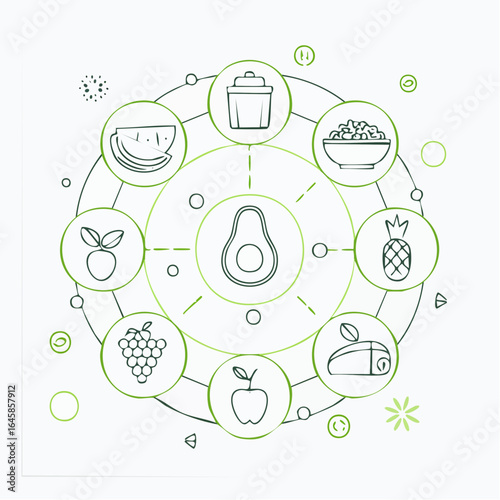 A clean outline style icon set of healthy food like salad, avocado, fruits, vegetables, nuts, and smoothie for diet and wellness themes