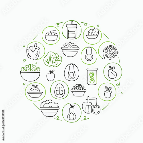 A clean outline style icon set of healthy food like salad, avocado, fruits, vegetables, nuts, and smoothie for diet and wellness themes
