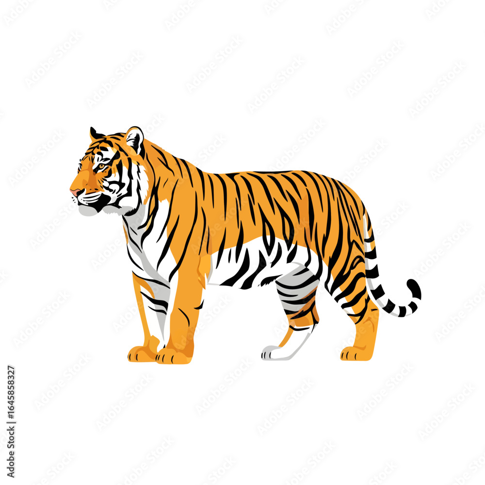 Naklejka premium A detailed illustration of a majestic tiger standing, showcasing its distinctive orange and black stripes.