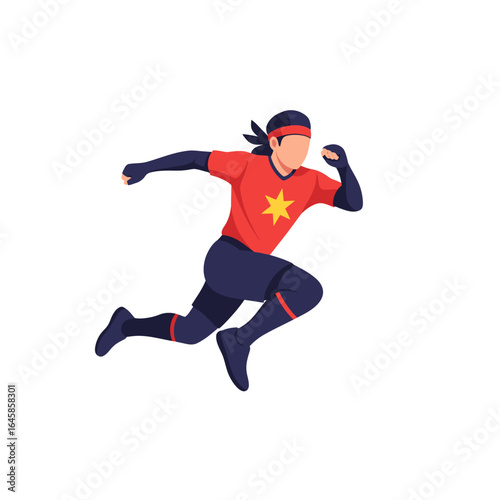 A dynamic cartoon superhero in a red and blue costume with a star, running swiftly.