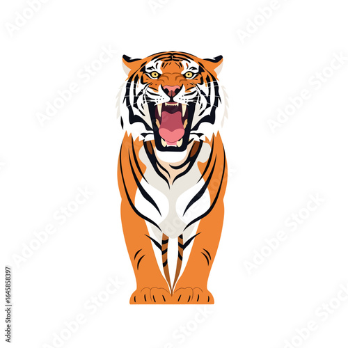 A fierce tiger with its mouth wide open, showing its teeth and tongue, standing on its hind legs.