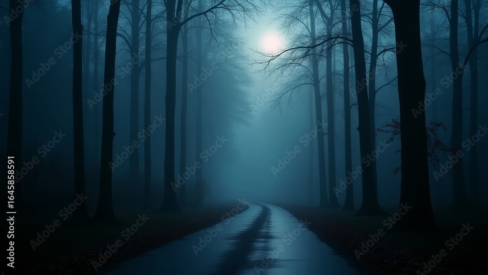 Obraz premium Moonlit Foggy Road Surrounded by Tall Trees at Night