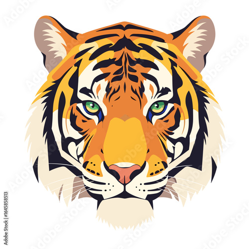 A striking illustration of a tiger's face with piercing green eyes and bold orange and black stripes.