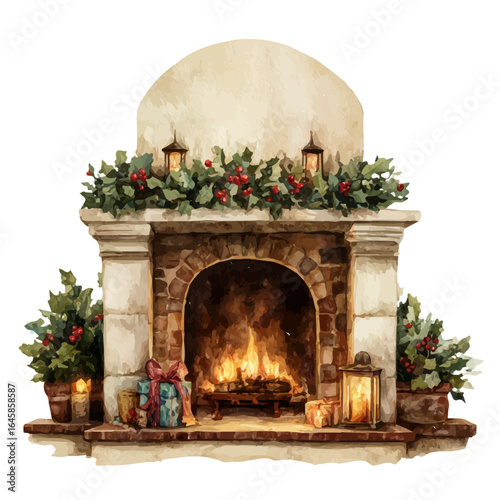 Christmas Fireplace, watercolor painting, vector illustration, isolated on a white background.