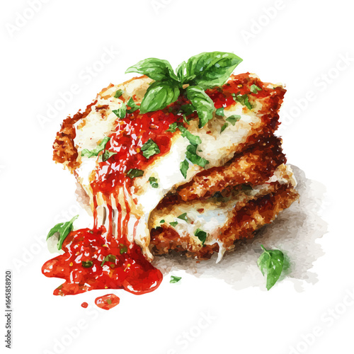 Chicken Parmigiana, watercolor painting, vector illustration, isolated on a white background.