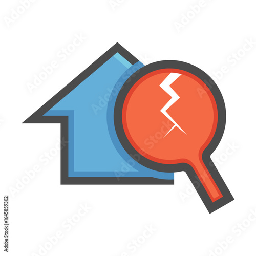 House inspection vector icon. House with magnifying glass, symbolizing process of checking for defects or issues before purchase. Ideal for property evaluation, home inspection services.