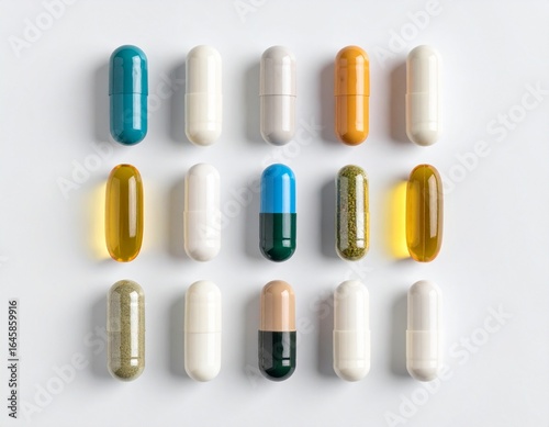 Assorted capsules arranged in a grid pattern on a white background.  Various colors and textures