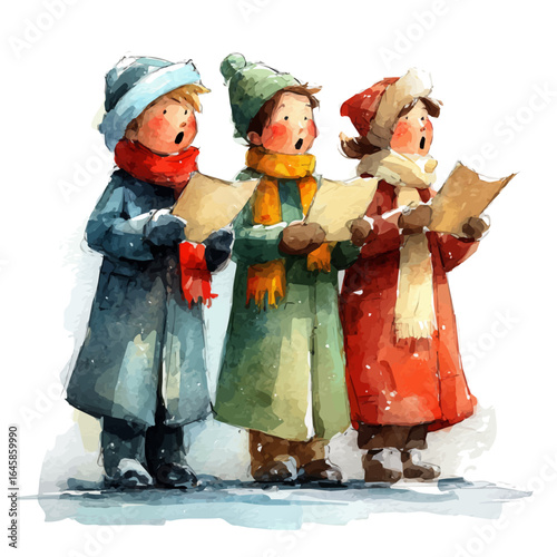 Christmas Carolers in watercolor style, vector illustration, isolated on white background.