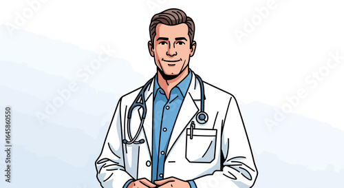 Healthcare Professional in Lab Coat, Medical Office, Illustration, Clear Background, Friendly Environment, Confident Viewpoint, Health Concept