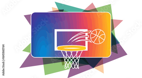 Dynamic Basketball Shot, Sport Action, Urban Setting, Graphic Design, Colorful Background, Creative Viewpoint, Sports Concept