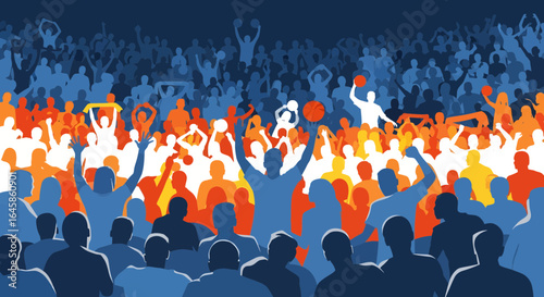 Exciting Basketball Game, Fans Celebrating, Sports Arena, Digital Illustration, Energetic Environment, Wide Angle, Community Spirit