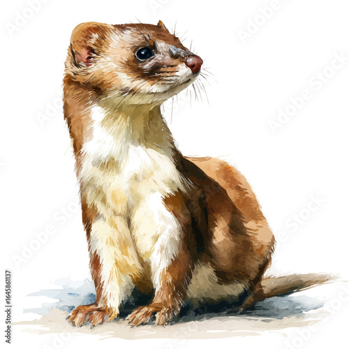 Watercolor vector illustration of Weasel, isolated on white background.