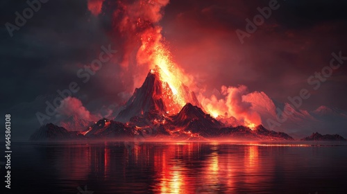 Erupting volcano with glowing lava and smoke reflected in calm water at night.