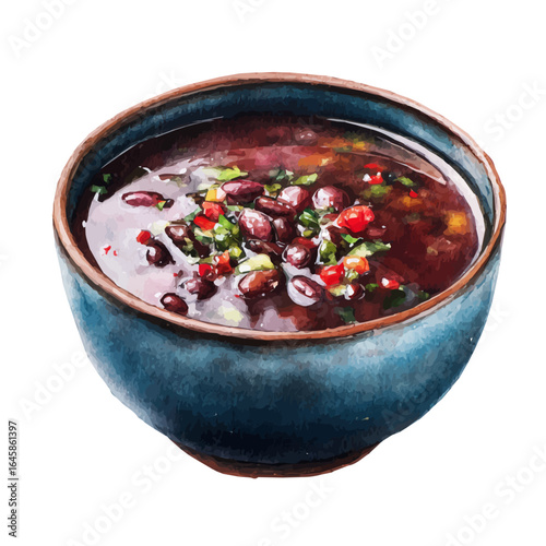 A watercolor painting of Black Bean Soup, vector illustration on white background.
