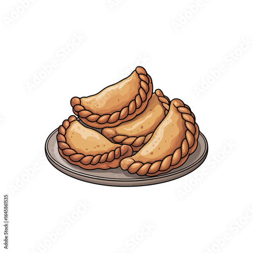 Four golden brown empanadas with braided edges piled on a plate on a white background pastry