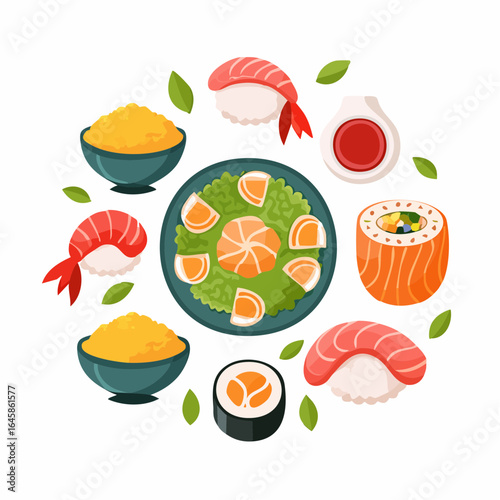 Flat design icons of Japanese cuisine including sushi, sashimi, ramen, tempura, and green tea