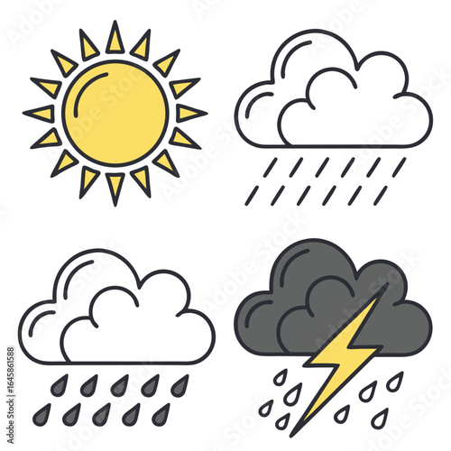 Illustration showing four weather conditions including a sun cloud with rain cloud with lightning and cloud