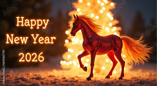 Glittering red horse figurine wishing Happy New Year 2026 near glowing Christmas tree