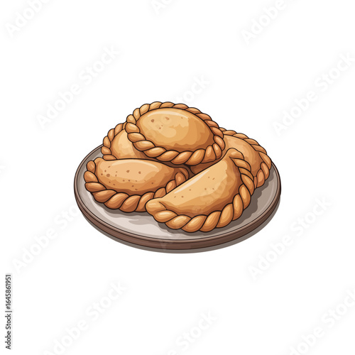 Plate of golden brown empanadas with braided edges on a white background pastry food