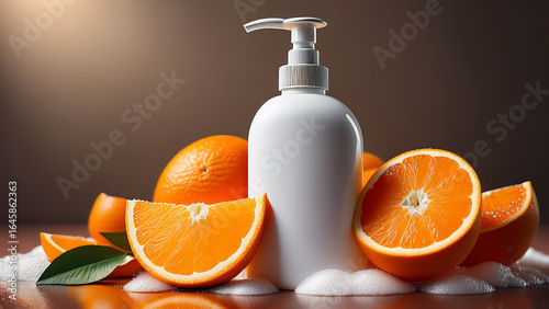 White soap pump bottle mockup with citrus orange theme and soap suds
