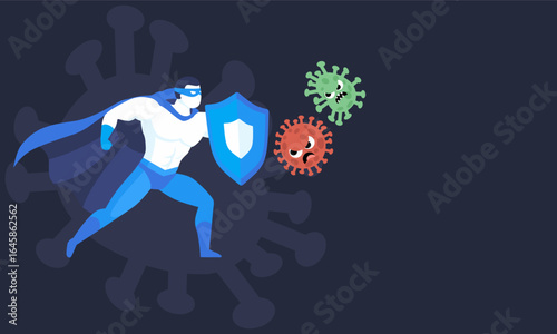 A superhero symbolizing the immune system fights off viruses, highlighting its role in preventing illness and aiding recovery.