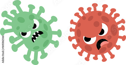 A visual representation of an angry, green virus monster and a surprised, red virus monster, possibly illustrating a viral infection or disease.