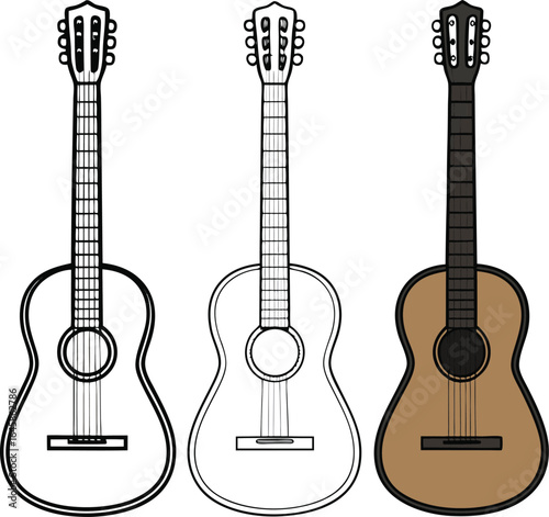 Three acoustic guitars black line drawing string instrument