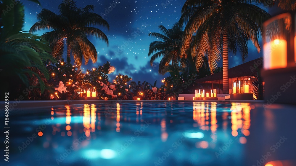 Obraz premium tropical poolside resort with Palm trees and candlelight Under Starlit Sky create relaxing atmosphere