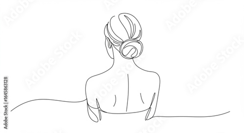 Elegant woman with updo hairstyle embracing serene moment, minimalist line art
