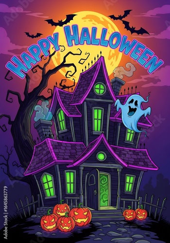 Spooky haunted mansion with pumpkins and bats under a full moon Happy Halloween