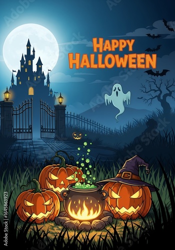 Spooky Halloween scene with carved pumpkins witch's hat bubbling cauldron haunted castle and full moon