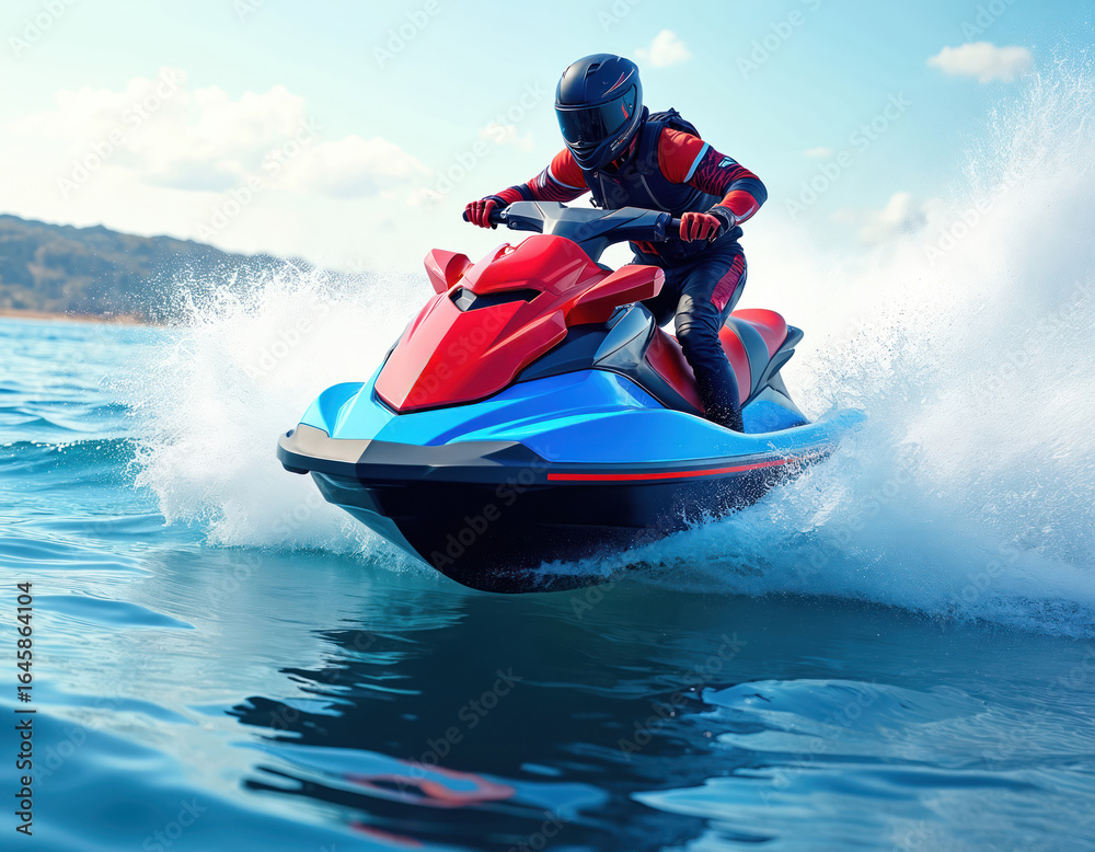 Fototapeta premium Man rides jet ski on blue water creating splash. Rider wears helmet and racing suit, enjoying fast speed and ocean waves. Exciting watercraft adventure, summer fun, sea recreation, nautical thrill.
