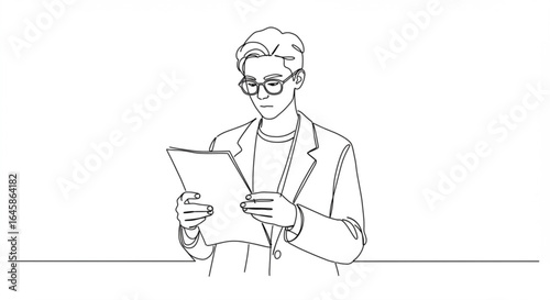 Focused professional man in glasses studying document, conveying diligence and intellect