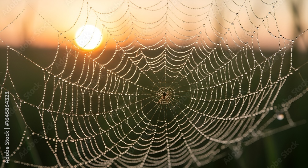 Fototapeta premium Dew-covered spiderweb glistens in the morning light, with the sun rising in the background, creating a serene and natural scene.