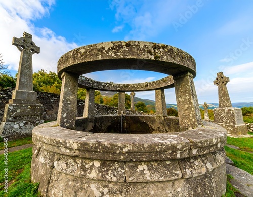 Ancient stone circle with crosses, a well-like structure, and a cloudy sky