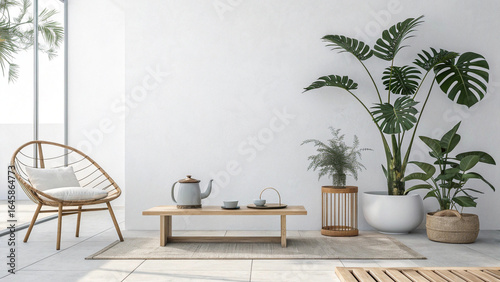A bright, minimalist indoor patio or sunroom, featuring a rattan chair, a low wooden table with a tea set, and lush potted plants. This image evokes a sense of calm and natural light.

