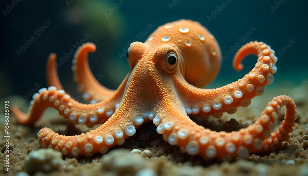 Obraz premium Octopus in the water, A mimic octopus shifts shape beneath the lens, spreading its arms to resemble a venomous flatfish. Its body flattens, skin darkens, and eyes narrow. The illusion is seamless
