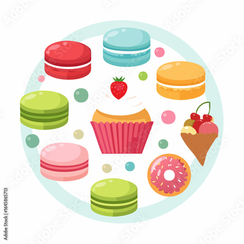 Bright and colorful flat style dessert icon set with popular sweet treats