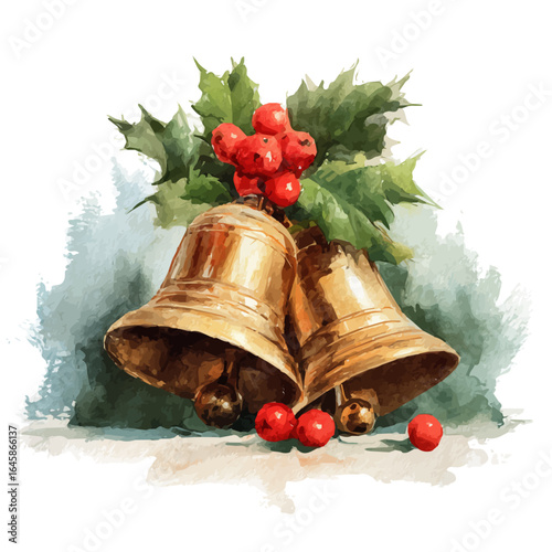 Christmas Bells, watercolor painting, vector illustration, isolated on a white background.
