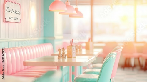 Grainy photo of a pastel diner with postcard script and faded sunlight