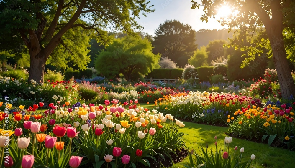 Obraz premium Beautiful Landscape Tulip Flower Garden In The Sunlight Outdoors