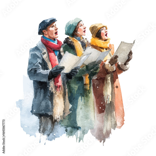 A watercolor painting of Christmas Carolers, vector illustration on white background.