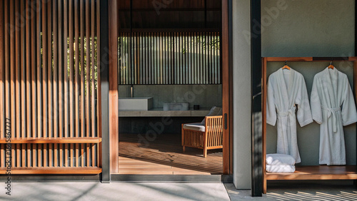 An inviting spa or hotel entrance with natural materials, featuring wooden slats, an open doorway to a serene room, and white bathrobes on a rack.

