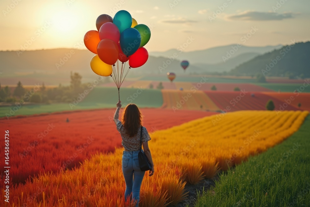 Fototapeta premium A woman floating above a colorful field in a remote area, holding onto balloons viewed from above