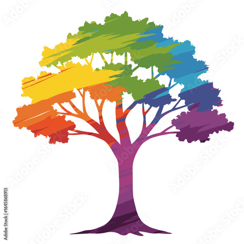 Colorful abstract tree silhouette with rainbow brush strokes ,for environmental campaigns, artistic projects, and educational materials about nature.
 