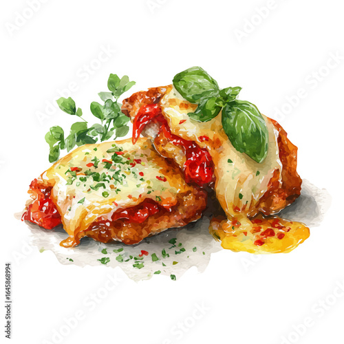 A watercolor painting of Chicken Parmigiana, vector illustration on white background.