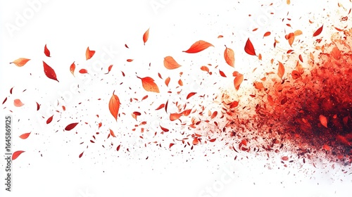 Red leaves scattered and blown in the wind, creating a dynamic, abstract explosion effect against a white background