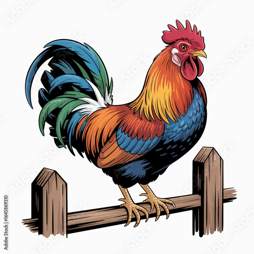 Colorful Rooster Standing on Fence Illustration