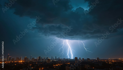 Fototapeta Naklejka Na Ścianę i Meble -  Dramatic nighttime thunderstorm over city skyline. Intense lightning strikes illuminate dark, heavy clouds. City lights glow below powerful weather phenomenon. Represents urban nature, power,